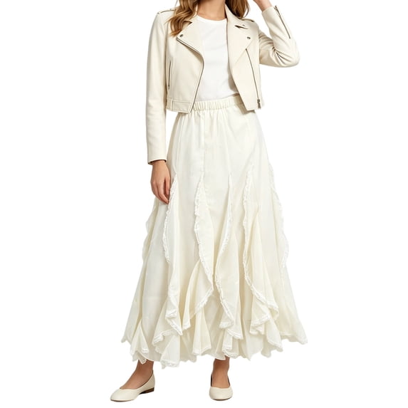 Wxolcjlv Womens Ruffled Lace Maxi Skirt Elastic Waist Flowy Layered Cut Skirts