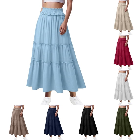 Wxolcjlv Womens Ruffled Tiered Maxi Skirt Elastic Waist Flowy Loose Fit Skirts