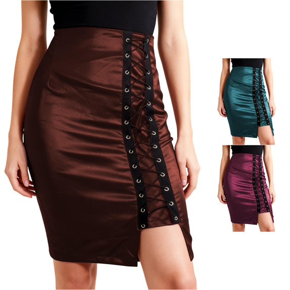 Wxolcjlv Womens Satin Midi Skirt High Waist Lace‑Up Slit Party Date Skirts