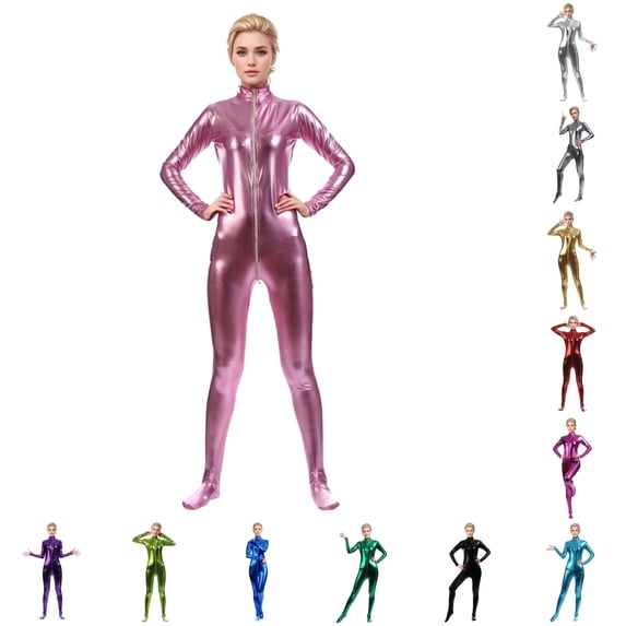 Wxolcjlv Womens Shiny Metallic Full Body Jumpsuit Front Zipper Footed Unitard Bodysuit