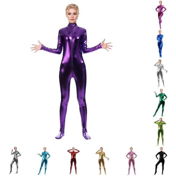 Wxolcjlv Womens Shiny Metallic Full Body Jumpsuit Front Zipper Footed Unitard Bodysuit