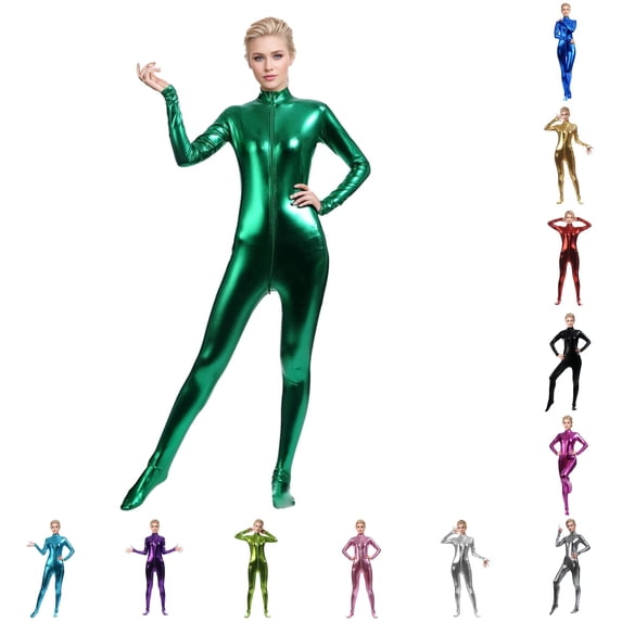 Wxolcjlv Womens Shiny Metallic Full Body Jumpsuit Front Zipper Footed Unitard Bodysuit