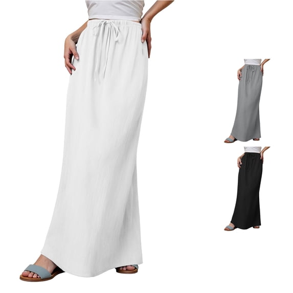 Wxolcjlv Womens Solid Drawstring Maxi Skirt Elastic Waist Minimalist Feature Everyday Skirts