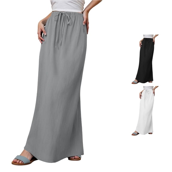 Wxolcjlv Womens Solid Drawstring Maxi Skirt Elastic Waist Minimalist Feature Everyday Skirts