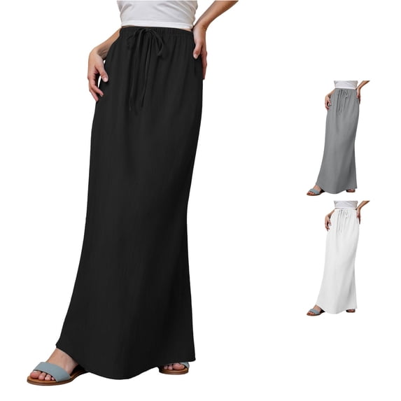 Wxolcjlv Womens Solid Drawstring Maxi Skirt Elastic Waist Minimalist Feature Everyday Skirts