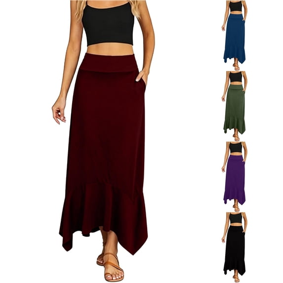 Wxolcjlv Womens Solid Handkerchief Hem Maxi Skirt Fold Over Waist With Side Pockets Casual Long Skirts