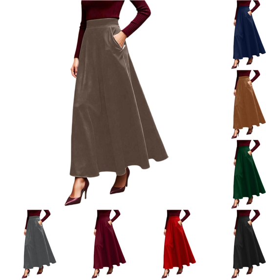 Wxolcjlv Womens Solid Maxi Skirt High Waist Side Zipper Pockets A‑Line Skirts