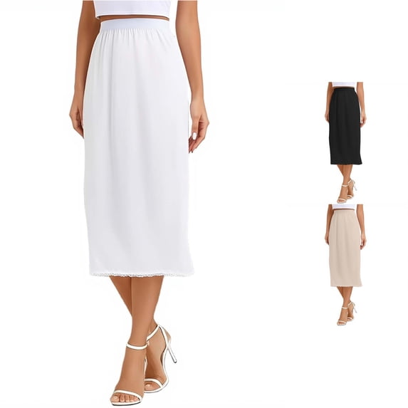 Wxolcjlv Womens Solid Midi Skirt Elastic Waist Lace Hem Casual Skirts