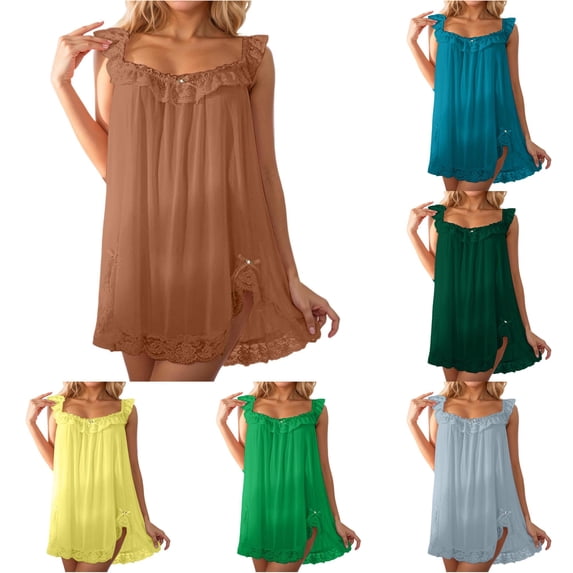 Wxolcjlv Womens Solid Nightgown Lace Ruffle Strap Loose Mini Dress Sleepwear
