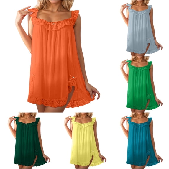 Wxolcjlv Womens Solid Nightgown Lace Ruffle Strap Loose Mini Dress Sleepwear