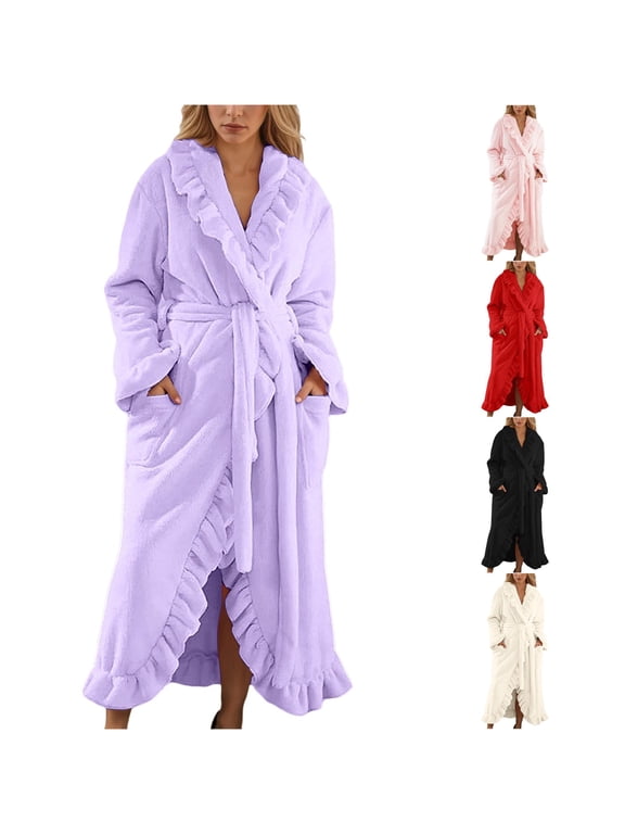 Womens Solid Robe Long Kimono Wrap Ruffle Bathrobe Pocket Nightgown