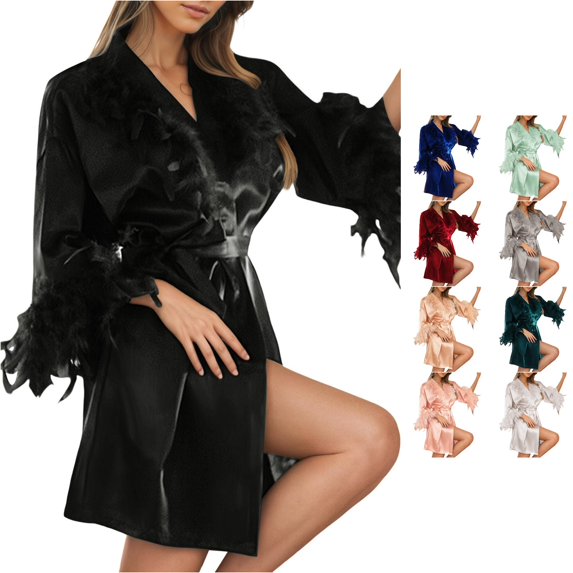 Wxolcjlv Womens Solid Robe Satin Kimono Wrap Feather Short Bathrobe Nightgown