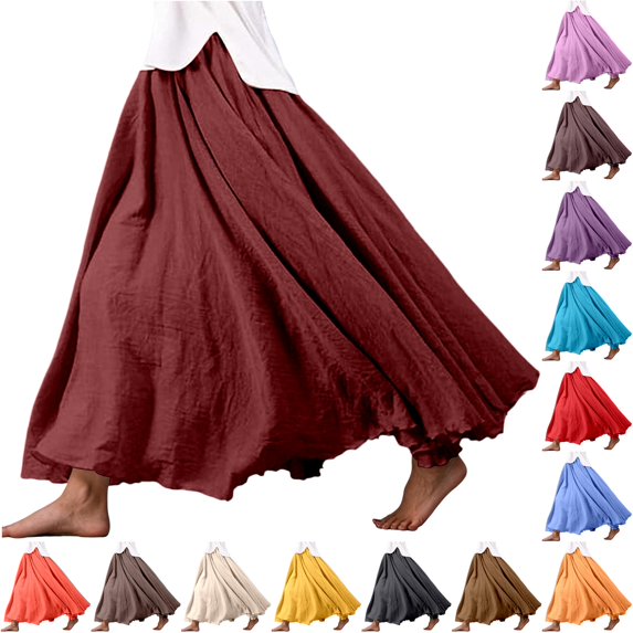 Wxolcjlv Womens Solid Ruffle Hem Maxi Skirt Elastic Waist Bohemian Long Skirts