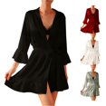 thumbnail image 1 of Wxolcjlv Womens Solid Satin Robe Three Quarter Sleeve Ruffle Hem Bathrobe Nightgown, 1 of 4