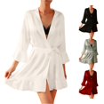 thumbnail image 1 of Wxolcjlv Womens Solid Satin Robe Three Quarter Sleeve Ruffle Hem Bathrobe Nightgown, 1 of 4