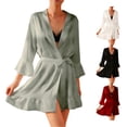 thumbnail image 1 of Wxolcjlv Womens Solid Satin Robe Three Quarter Sleeve Ruffle Hem Bathrobe Nightgown, 1 of 4