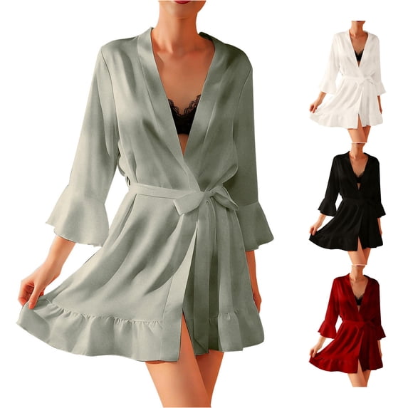 Wxolcjlv Womens Solid Satin Robe Three Quarter Sleeve Ruffle Hem Bathrobe Nightgown