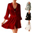 thumbnail image 1 of Wxolcjlv Womens Solid Satin Robe Three Quarter Sleeve Ruffle Hem Bathrobe Nightgown, 1 of 4