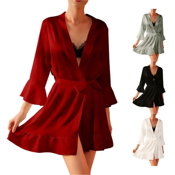 Wxolcjlv Womens Solid Satin Robe Three Quarter Sleeve Ruffle Hem Bathrobe Nightgown