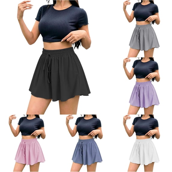 Wxolcjlv Womens Solid Shorts Drawstring Elastic High Waist Flowy Shorts