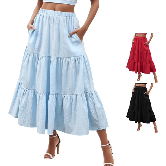 Wxolcjlv Womens Solid Tiered Maxi Skirt Elastic Waist Side Pockets Casual Long Skirts