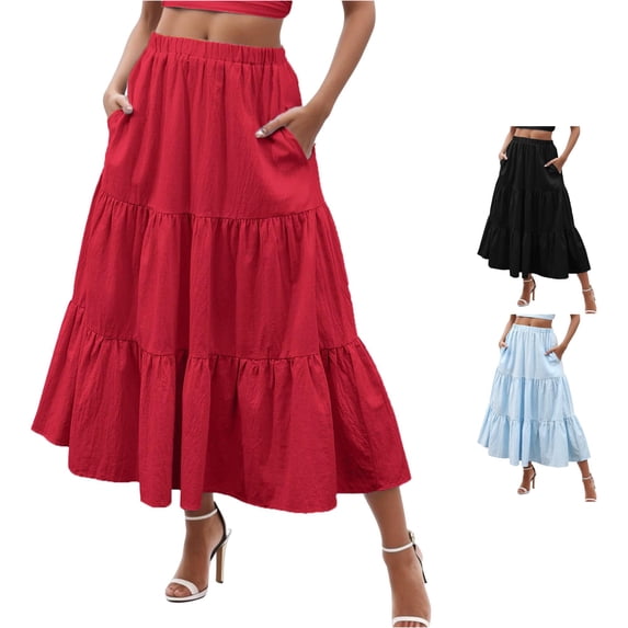 Wxolcjlv Womens Solid Tiered Maxi Skirt Elastic Waist Side Pockets Casual Long Skirts