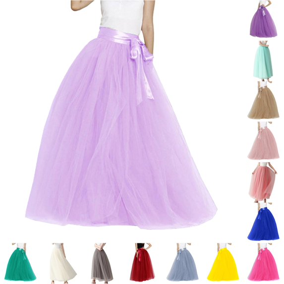 Wxolcjlv Womens Solid Tulle Maxi Skirt Sash Waist Romantic Feature formal Skirts