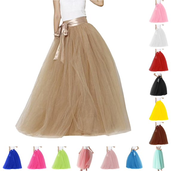 Wxolcjlv Womens Solid Tulle Maxi Skirt Sash Waist Romantic Feature formal Skirts