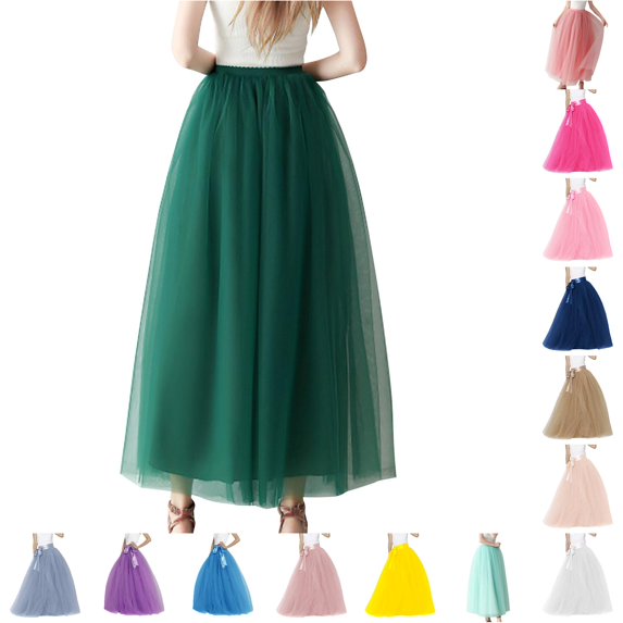 Wxolcjlv Womens Solid Tulle Maxi Skirt Sash Waist Romantic Feature formal Skirts