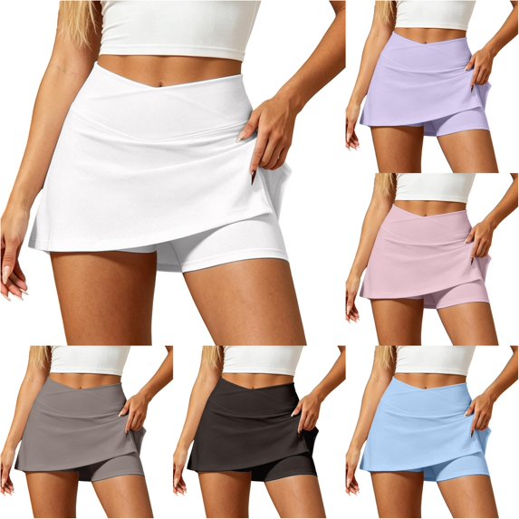 Wxolcjlv Womens Solid Wrap A Line Mini Skort V Waist Stretch Fit Sport Built‑In Shorts Tennis Bottoms