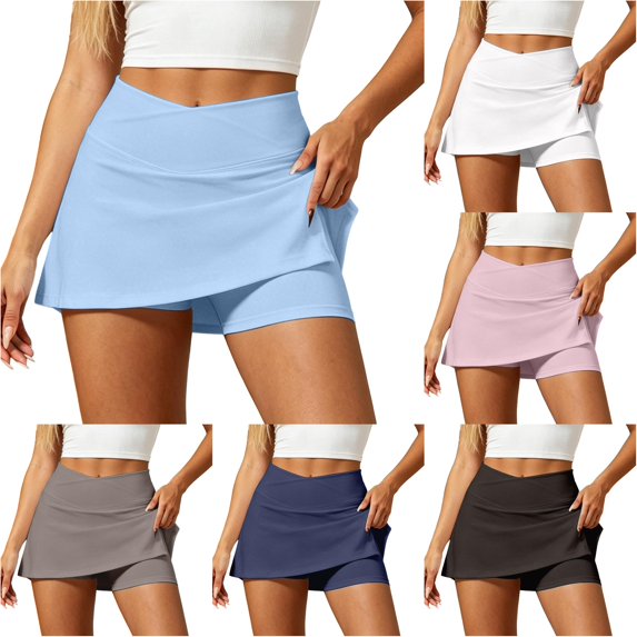 Wxolcjlv Womens Solid Wrap A Line Mini Skort V Waist Stretch Fit Sport Built‑In Shorts Tennis Bottoms