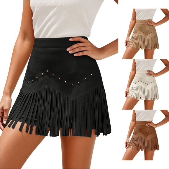 Wxolcjlv Womens Studded Fringe Mini Skirt High Waist Fitted Silhouette Festival Rock Short Skirts