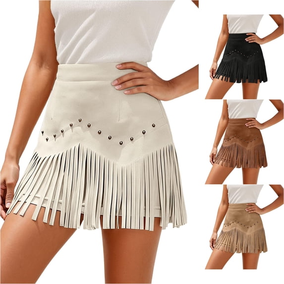 Wxolcjlv Womens Studded Fringe Mini Skirt High Waist Fitted Silhouette Festival Rock Short Skirts