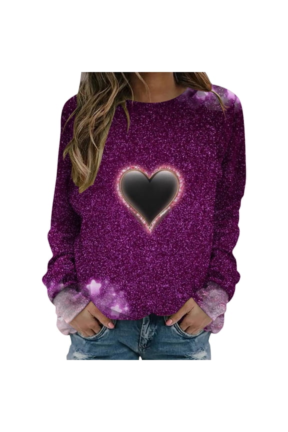 Womens Sweahshirts Valentine'S Day Love Heart Print Long Sleeve Printed Round Neck D Splicing Shirts Ladies Loose Casual Plus Size Pullover Tops