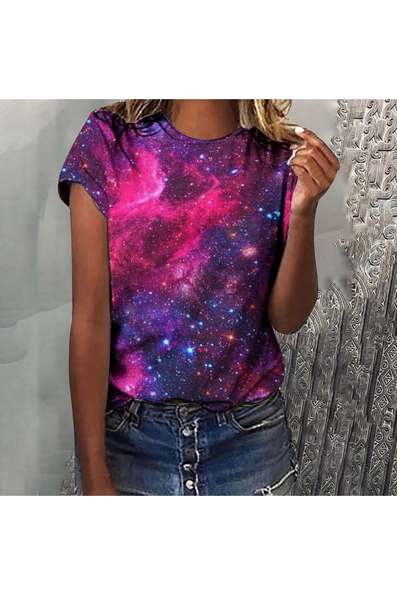 Womens T-Shirt Galaxy Print Tee Short Sleeve Round Neck Cosmic Star Loose Fashion Tops,Blue,Xxl