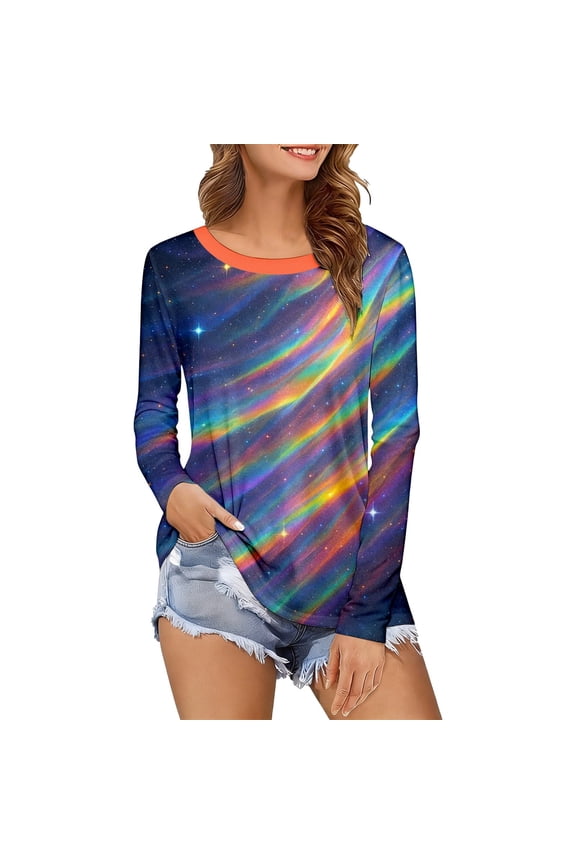 Womens T Shirt Rainbow Stripe Long Sleeve Crew Neck Soft Comfortable Tunic,Sizes S-XXXL