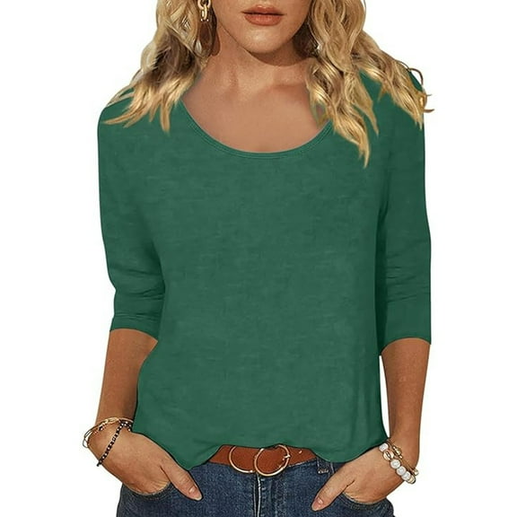 Wxolcjlv Womens T-Shirt Solid Color Tee 3/4 Sleeve Round Neck Low Cut Casual Basic Tops,Dark Green,L