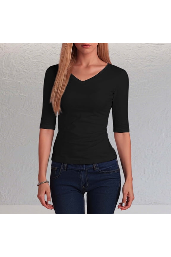Womens T Shirt Solid Color Tee 3/4 Sleeve V-Neck Slim Fitted Casual Layering Tops,Black,M