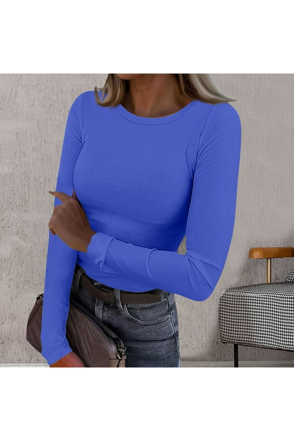 Womens T-Shirt Solid Color Tee Long Sleeve Crewneck Ribbed Fitted Casual Basic Tops,Blue,L