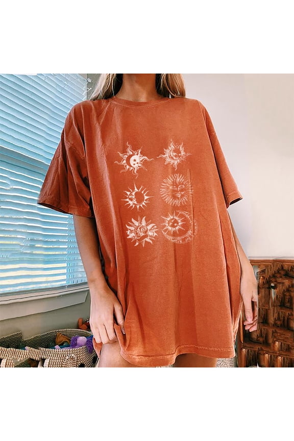 Womens T-Shirt Sun Moon Print Tee Short Sleeve Crewneck Retro Loose Unisex Casual Tops,Orange,Xl