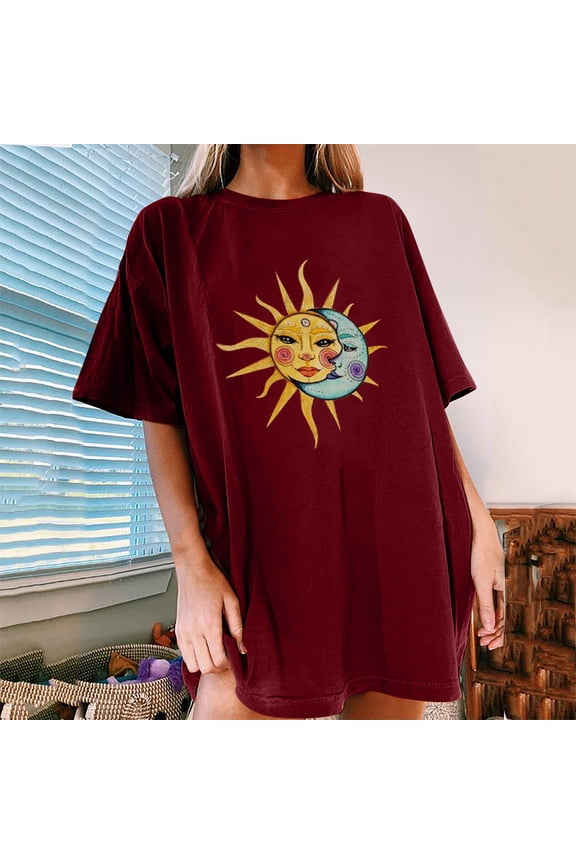 Womens T-Shirt Sun Moon Print Tee Short Sleeve O-Neck Loose Casual Graphic Tops,,Xxl