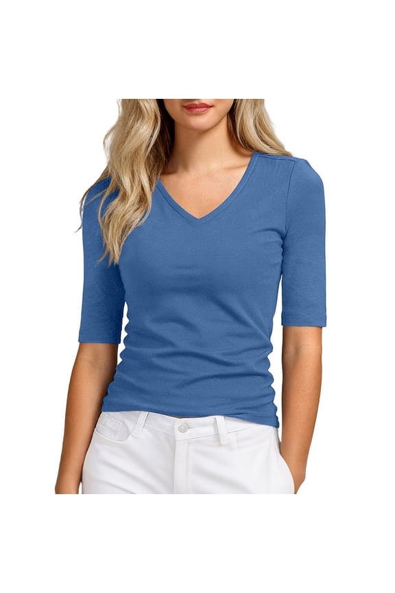Womens Tee Tops Casual Crew Neck Mid Sleeve Solid Color Five Cuff Slim Fit Basic Top For Layering,Sizes S-XXXXXL
