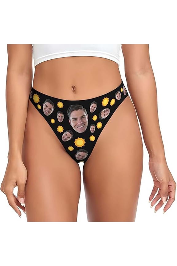 Womens Thong With Face Photo Customized DIY Printed No Show Briefs Funny Personalized Comfortable Thong Panties For Her（S,Black)