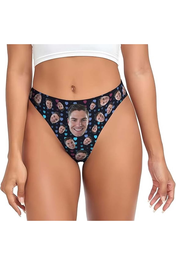 Womens Thongs Face Photo Customized Seamless Briefs Funny Trendy Fashion Low Waist Thong Panties For Her(M,Blue)