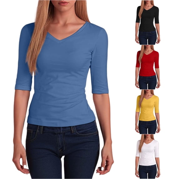 Wxolcjlv Womens V-Neck Basic Casual T-Shirt 3/4 Sleeve Slim Fit Comfort T-Shirts Office Daily Casual Wear Top