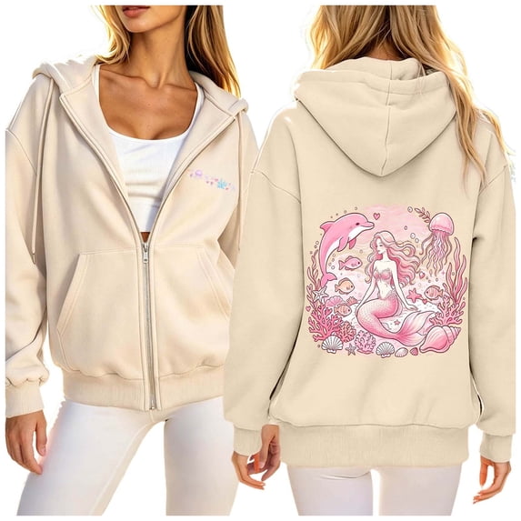 Wxolcjlv Womens Zip Up Hoodie Fleece Dolphin Print Oversized Long Sleeve Casual Sweatshirt