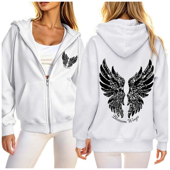 Wxolcjlv Womens Zip Up Hoodie Oversized Fleece Angel Wings Graphic Print Sweatshirt for Ladies