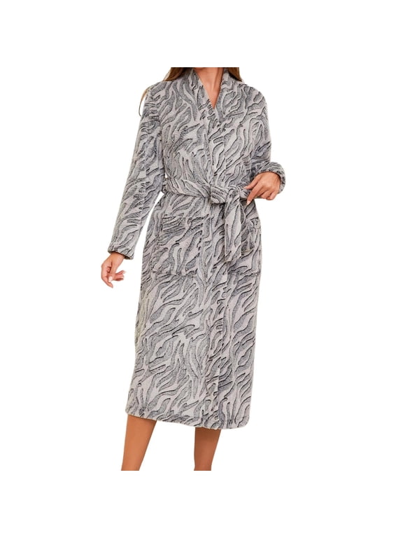 Zebra Print Robe For Women Fleece Kimono Wrap Long Bathrobe Pocket Nightgown