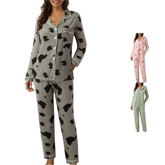 Wxolcjlv women's Cow Print Pajama Set Long Sleeve Notch Collar Straight Leg Sleep Pants