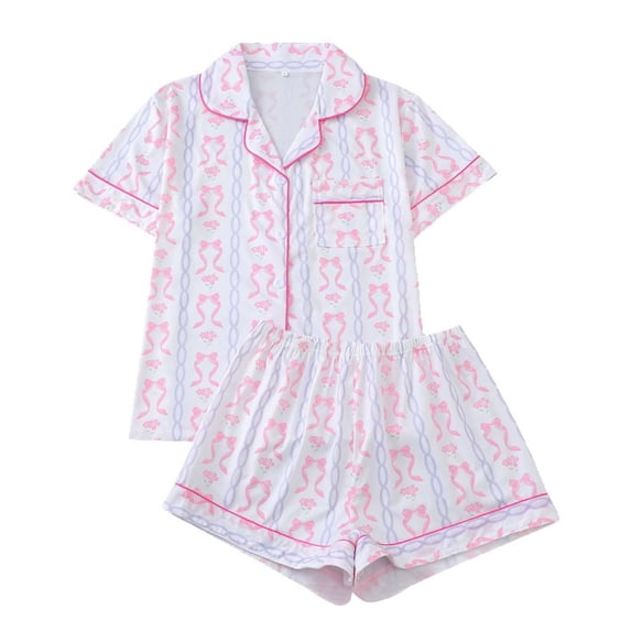 Wxolcjlv women's Ribbon Chain Print Pajama Set Short Sleeve Lapel Top Sleep Shorts